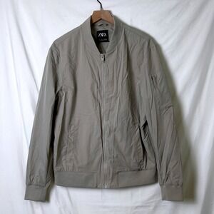 Zara Mens Bomber Jacket Taupe Gray Size L Lightweight Utility Minimalist